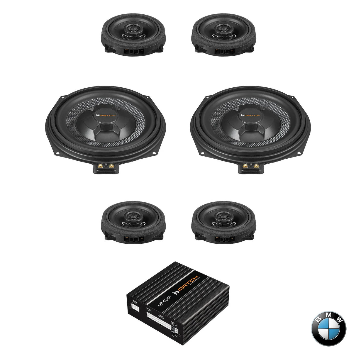 Complete MATCH UP PnP speaker, under-seat subwoofer and DSP amplifier upgrade package designed for BMW F Series vehicles with the factory Basic Sound system, delivering exceptional clarity, deeper bass and seamless OEM integration.