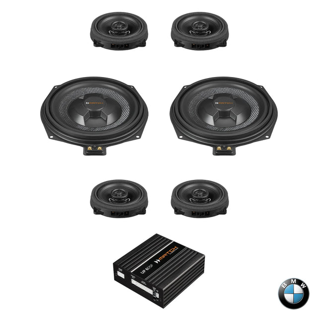 Complete MATCH UP PnP speaker, under-seat subwoofer and DSP amplifier upgrade package designed for BMW F Series vehicles with the factory Basic Sound system, delivering exceptional clarity, deeper bass and seamless OEM integration.