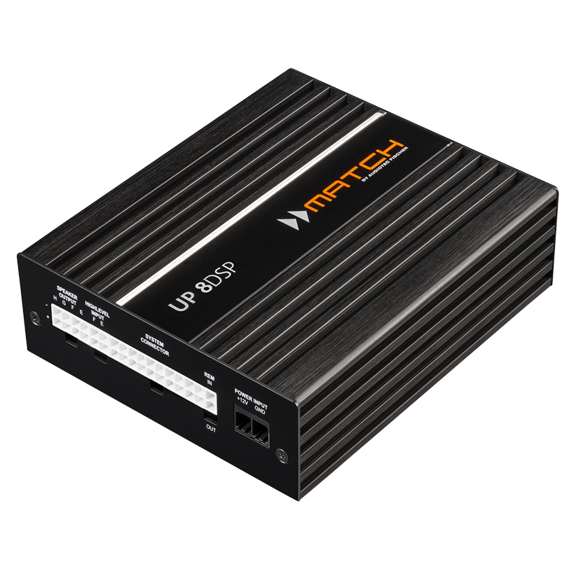 MATCH UP 8DSP 8 channel plug and play amplifier with 9 channel DSP front view – by MC Audio Sydney