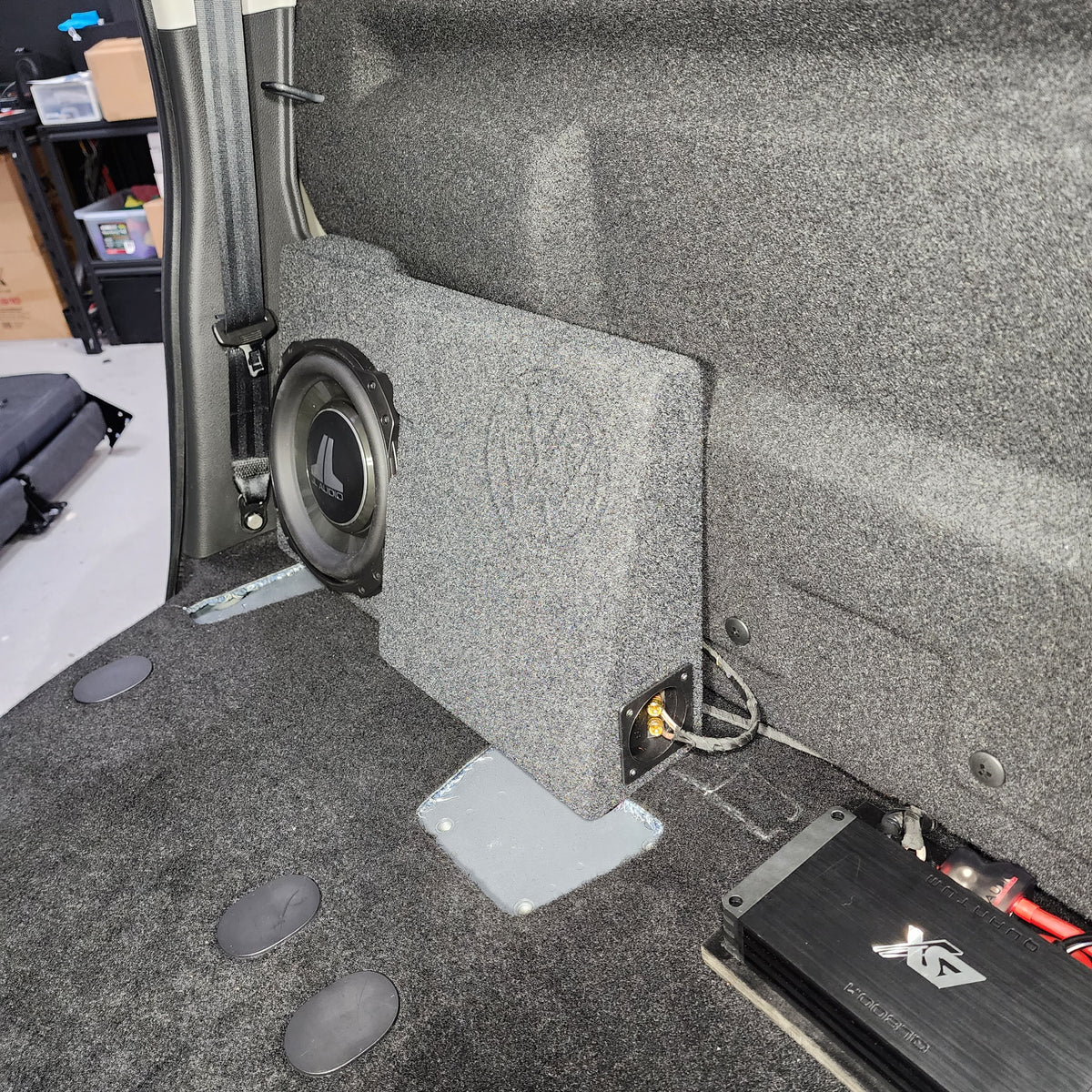 BASSER VW Amarok subwoofer enclosure rear panel and terminal detail – by MC Audio Sydney