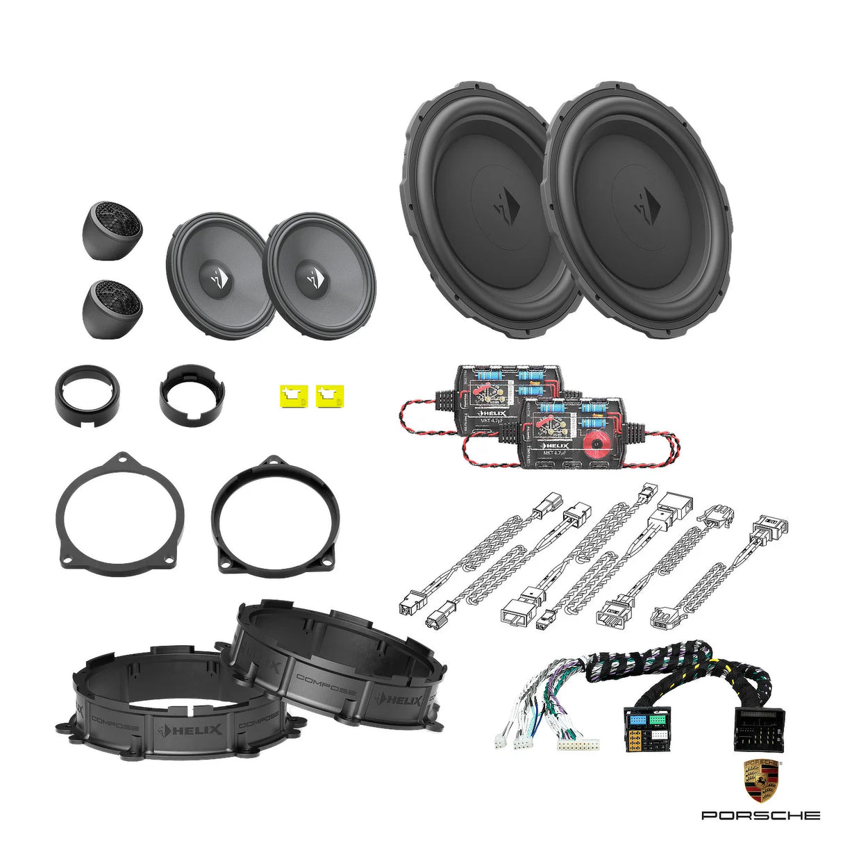 Plug and play HELIX Ci3 Ci5 front speaker upgrade with DSP amplifier for Porsche Taycan extra bass package – MC Audio Sydney