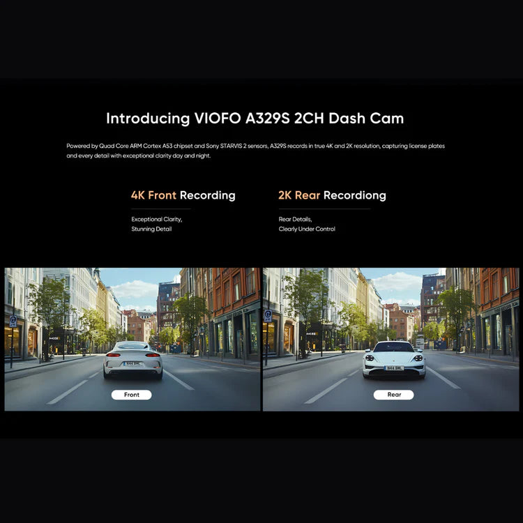 VIOFO A329S 2CH Dual Channel 4K 60FPS Front + 2K Rear HDR Dashcam System with Dual Sony STARVIS 2 Sensors