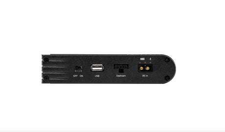 BlackVue B-130A connection panel showing USB, dash cam output, DC input and power switch for parking mode use