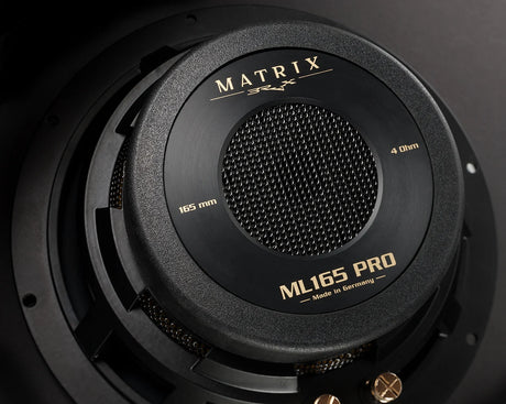 BRAX MATRIX ML165 PRO detail showing the carbon fleece cone texture, butyl rubber surround and aluminium frame 