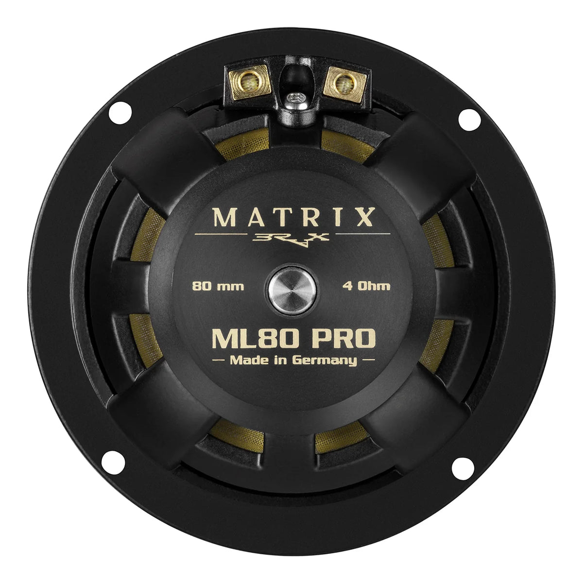 BRAX MATRIX ML80 PRO rear view showing 4Ω marking, push-pull neodymium magnet system and gold-plated terminals