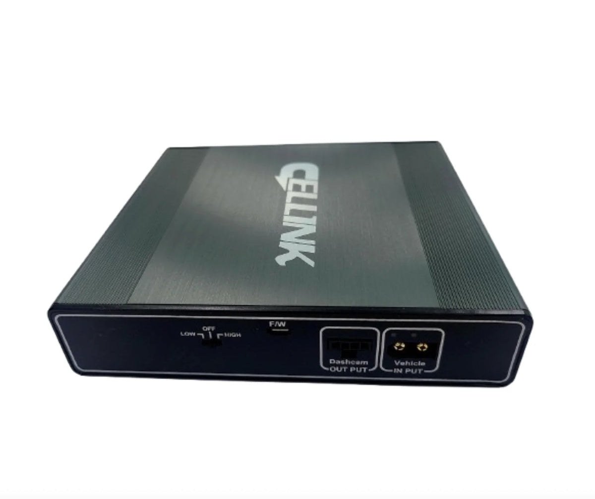 CELLINK Neo 6 Slim angled rear view showing the dash cam output, vehicle input and power selector