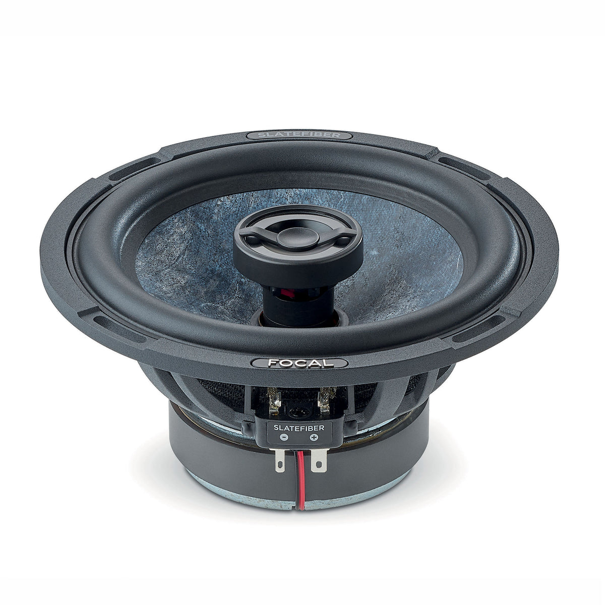 Focal C 165 SF coaxial speaker angled front view showing the Slatefiber cone, butyl surround and integrated tweeter