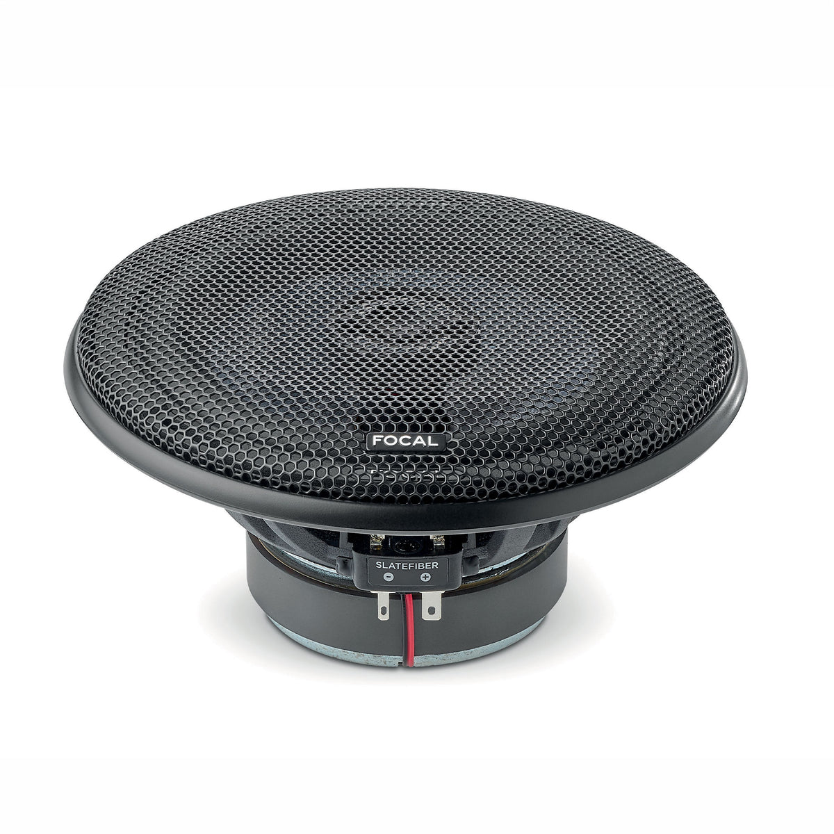 Focal C 165 SF front angled view showing the Slatefiber cone, central tweeter, basket and speaker terminals