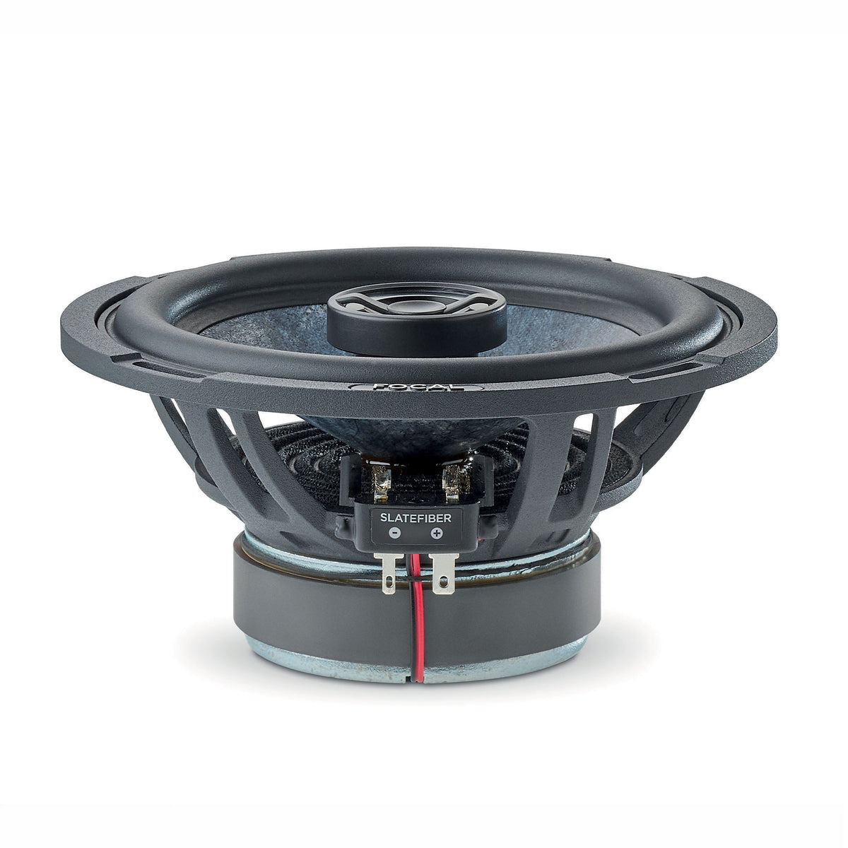 Focal C 165 SF rear view showing the ferrite motor, aluminium chassis, terminals and 4-ohm 80W RMS marking