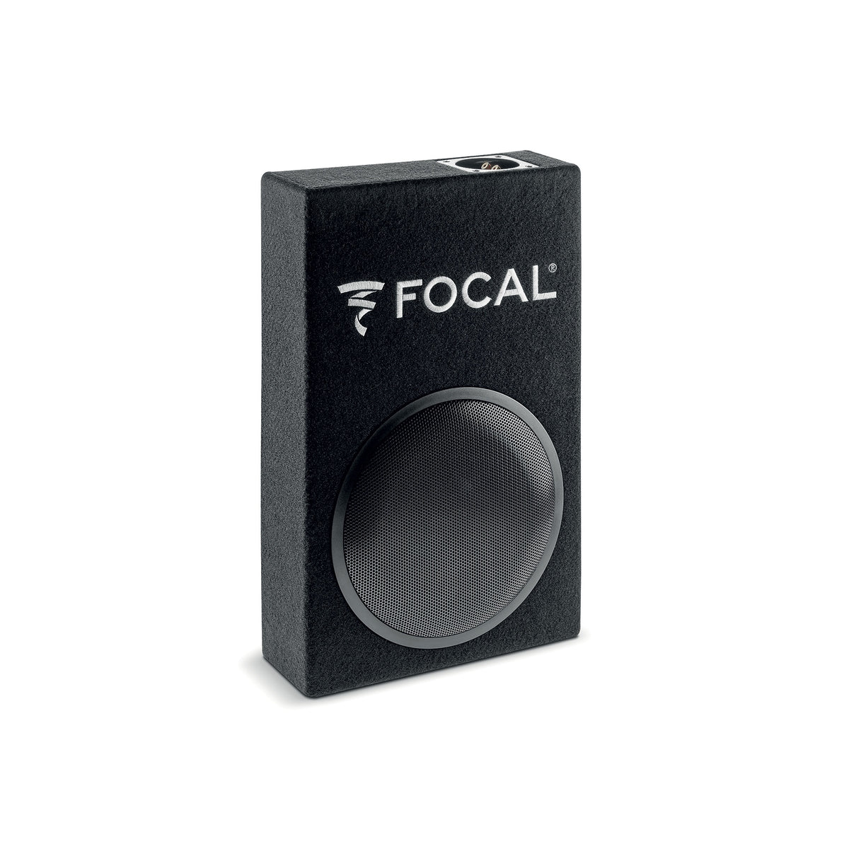 Focal PSB 200 8-inch passive subwoofer enclosure angled view with protective grille and compact carpeted cabinet