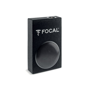 Focal PSB 200 8-inch passive subwoofer enclosure angled view with protective grille and compact carpeted cabinet
