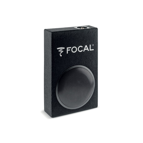 Focal PSB 200 8-inch passive subwoofer enclosure angled view with protective grille and compact carpeted cabinet
