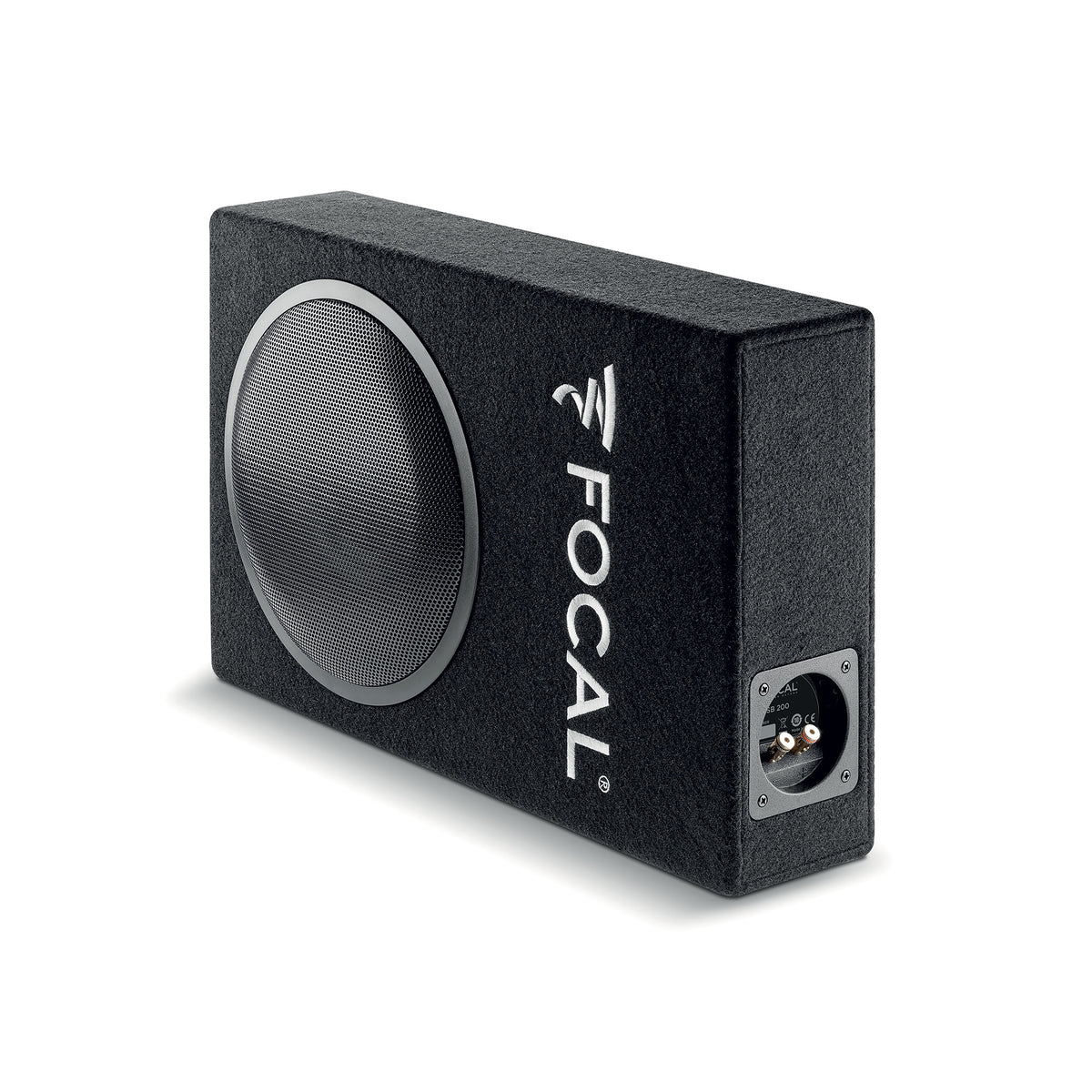 Focal PSB 200 compact sealed subwoofer front view with 8-inch driver grille and slim vehicle-friendly enclosure