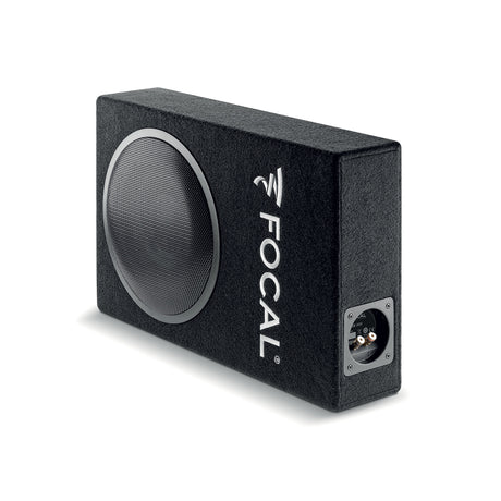Focal PSB 200 compact sealed subwoofer front view with 8-inch driver grille and slim vehicle-friendly enclosure