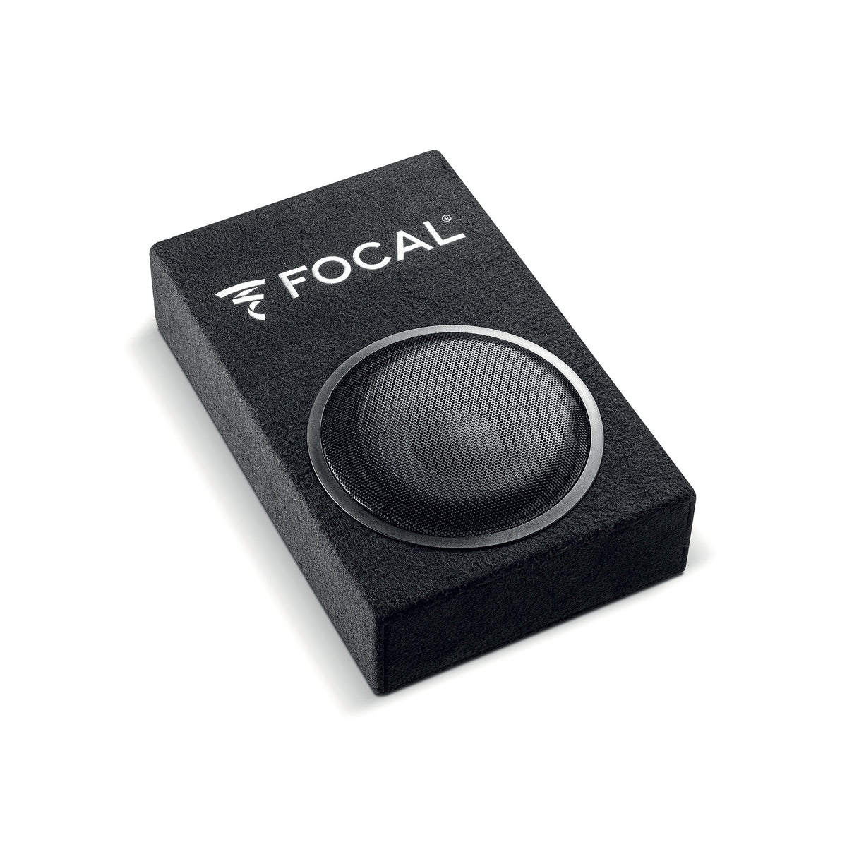 Focal PSB 200 rear terminal close-up showing positive and negative speaker connections on the sealed enclosure