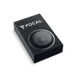 Focal PSB 200 rear terminal close-up showing positive and negative speaker connections on the sealed enclosure