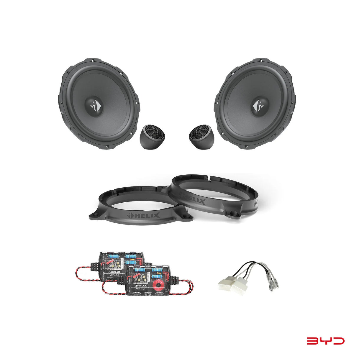 HELIX Ci3 6.5-inch front component speakers with tweeters and FlexMount adapters for the BYD Atto 3 upgrade