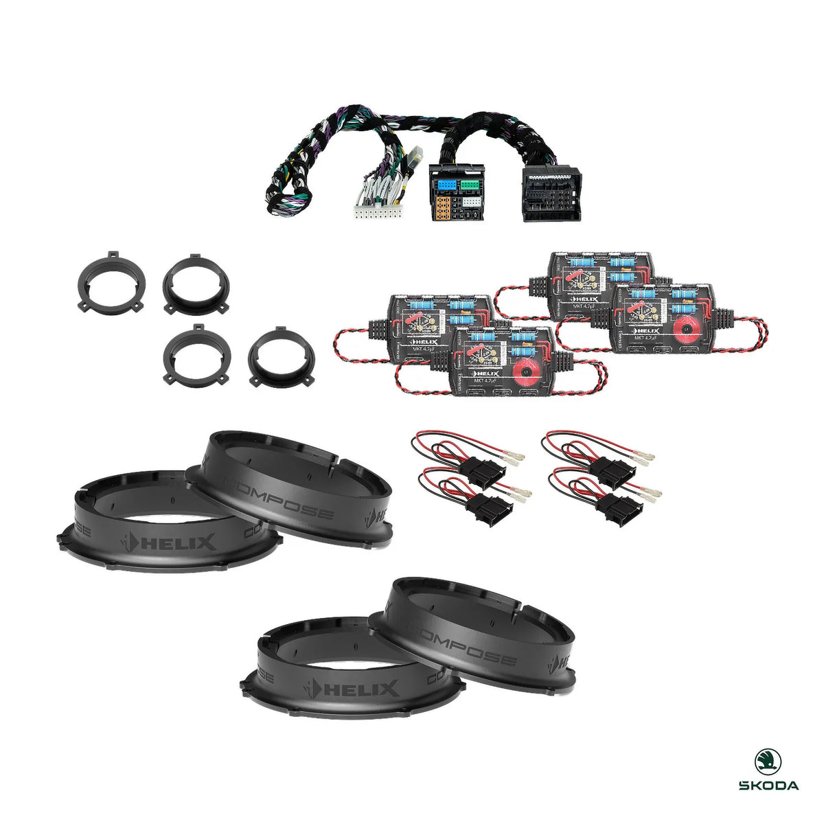 DSP amplifier, radio-specific T-harness, HELIX crossovers and FlexMount adapters for the Skoda Kodiaq 2024-on package