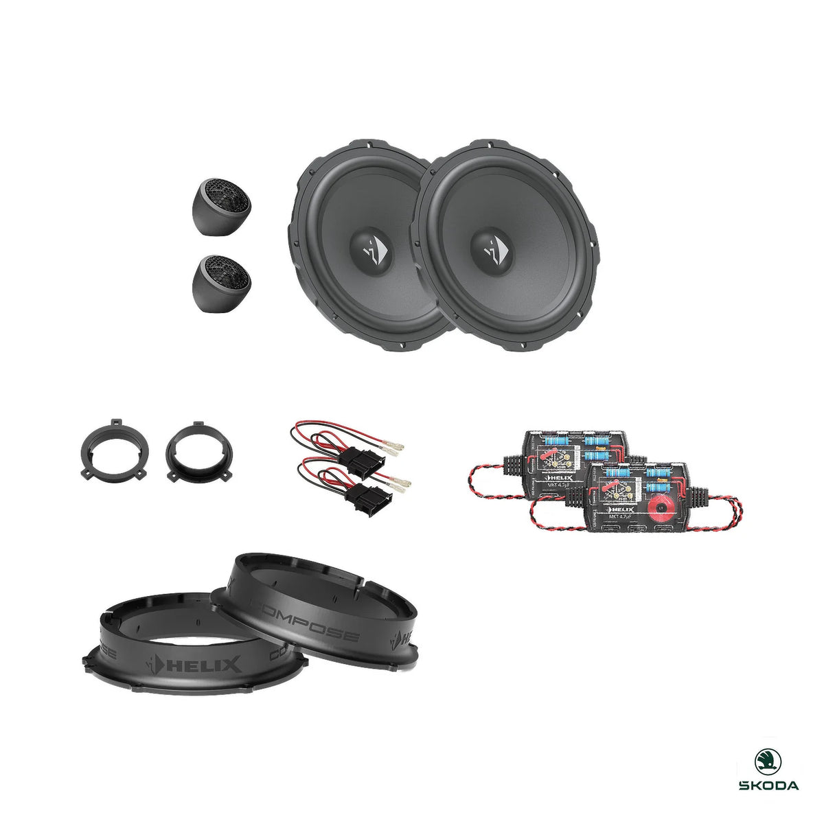 HELIX Ci3 front speakers, crossovers, wire kits and FlexMount adapters for the Skoda Kodiaq 2024-on package