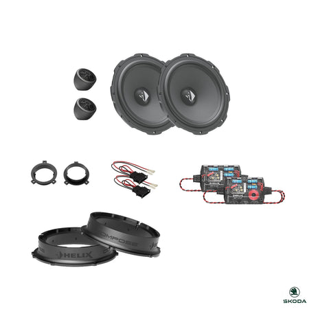 HELIX Ci3 front speakers, crossovers, wire kits and FlexMount adapters for the Skoda Kodiaq 2024-on package
