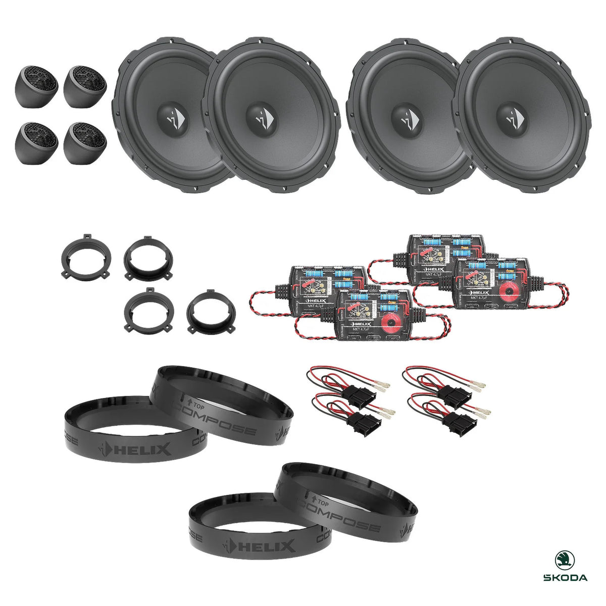 HELIX Ci3 speakers, crossovers, FlexMount adapters and wire kits for the Skoda Octavia IV upgrade package