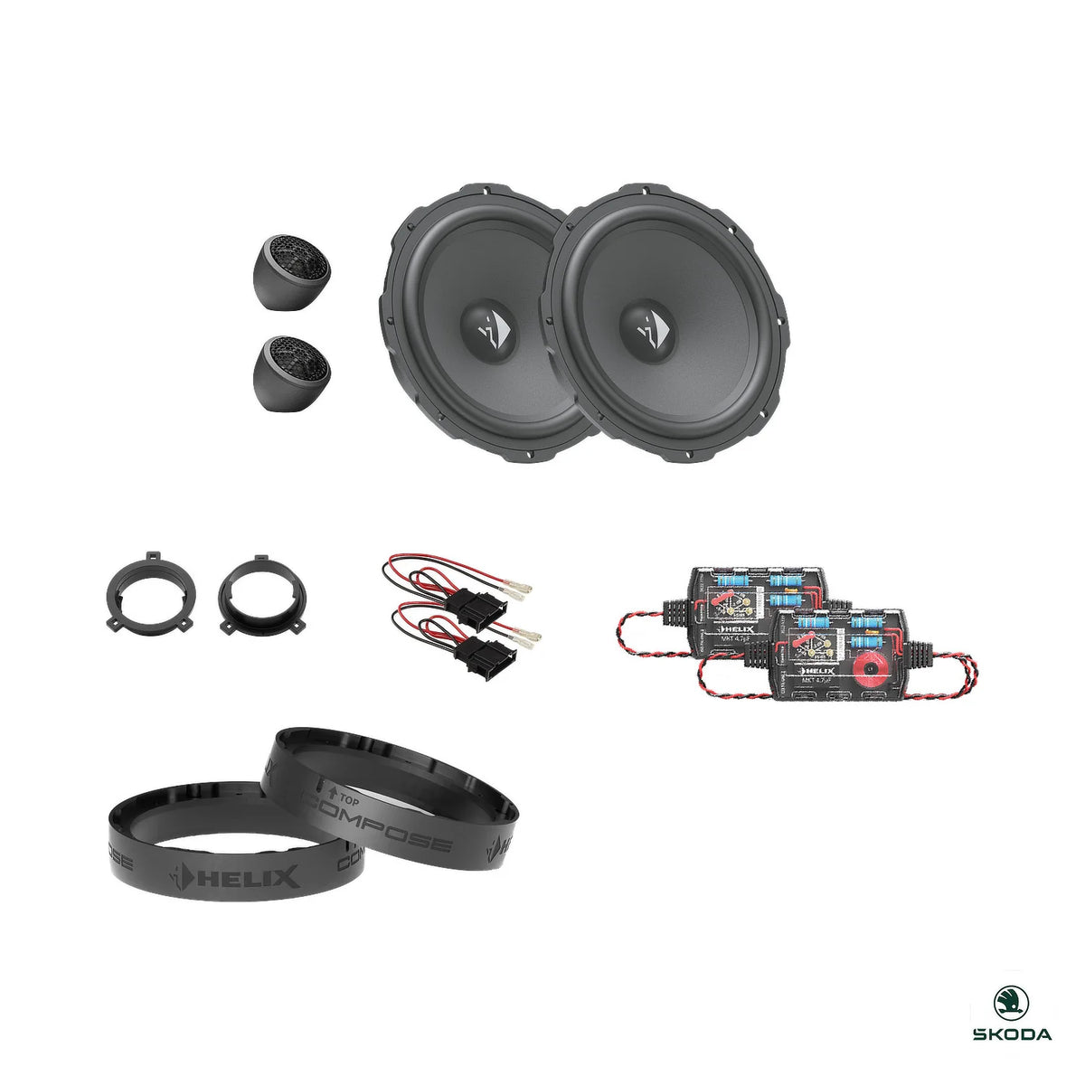 HELIX Ci3 front speakers, crossovers and FlexMount adapters for the Skoda Octavia IV upgrade package