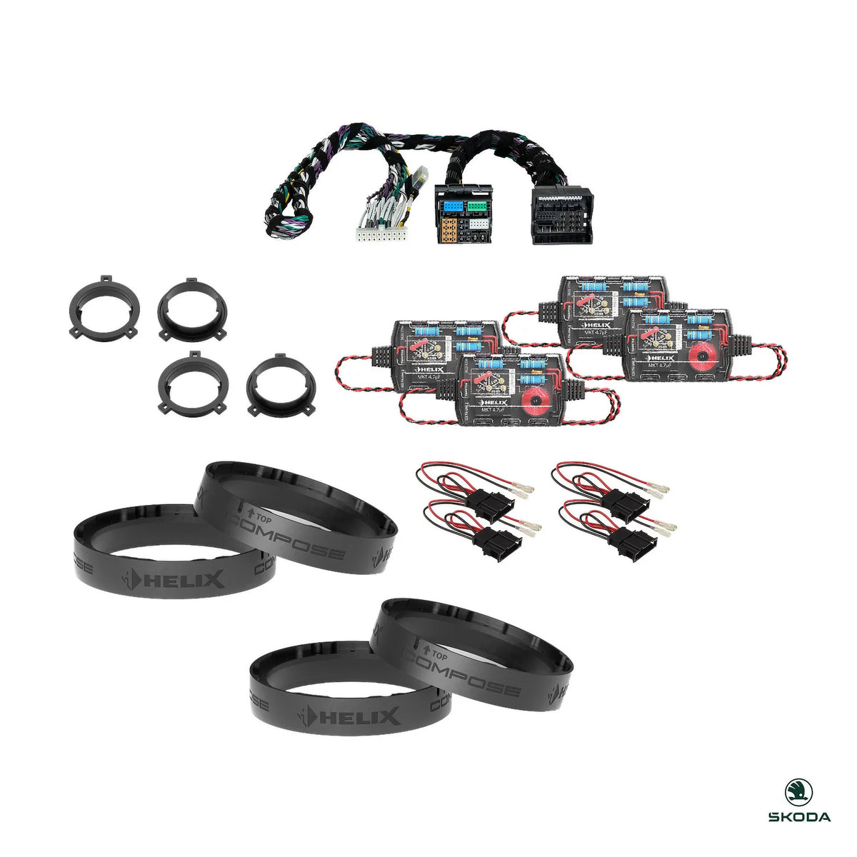 Radio-specific T-harness, crossovers and FlexMount adapters for the Skoda Octavia IV HELIX Ci3 package