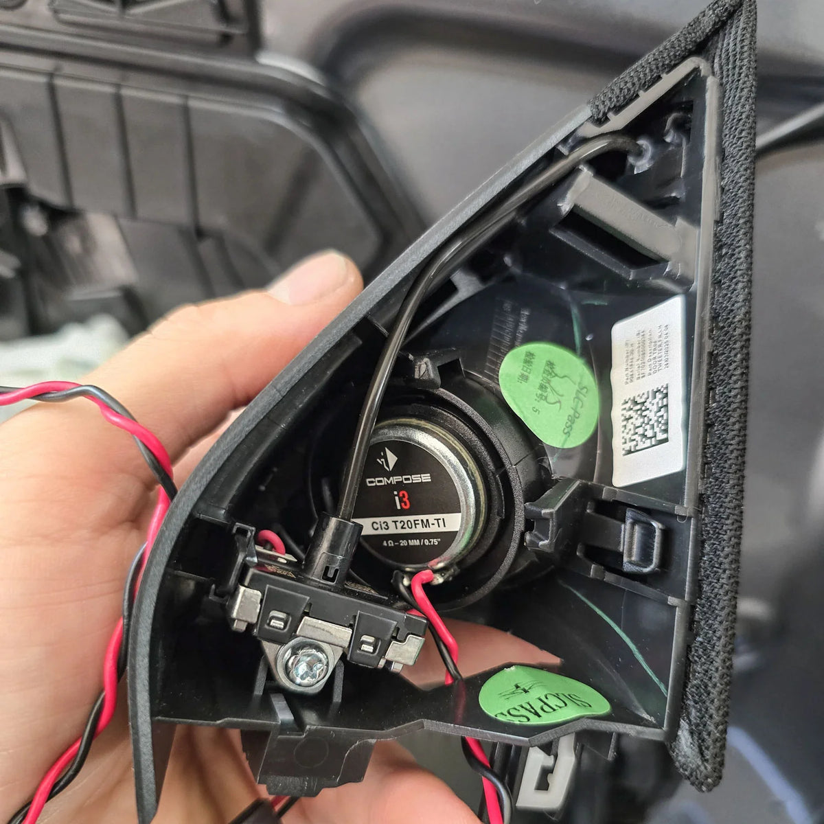 HELIX Ci3 T20FM-TI tweeter installed in Tesla Model Y trim for the front speaker upgrade