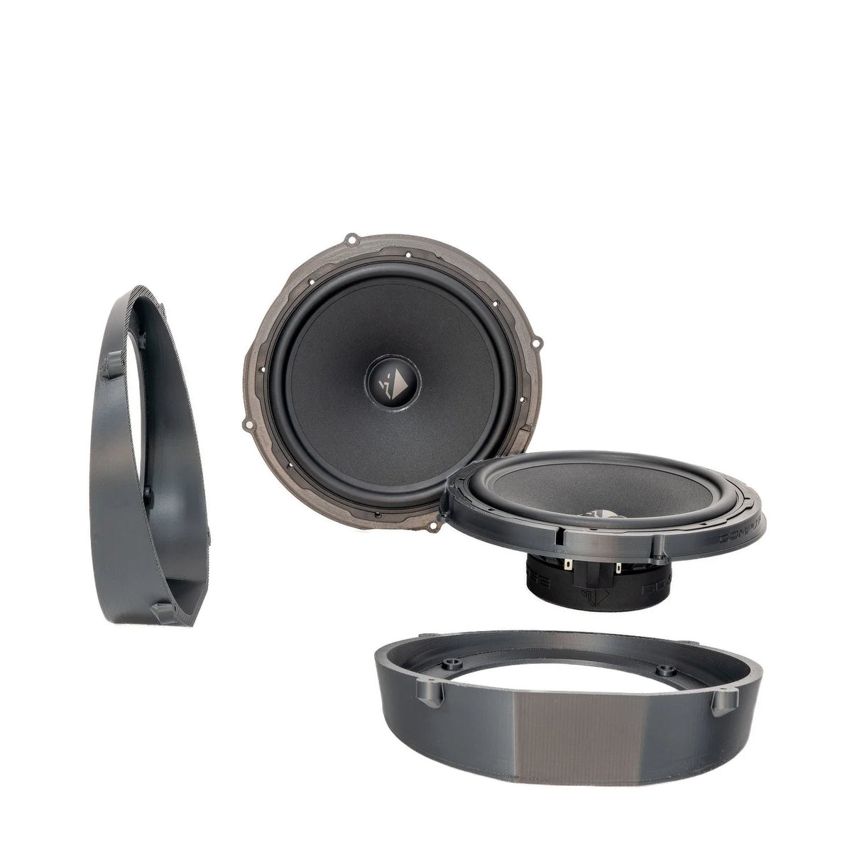 HELIX Ci3 8-inch Type 2 door woofers with Tesla Model S and Model X mounting adapters shown from multiple angles