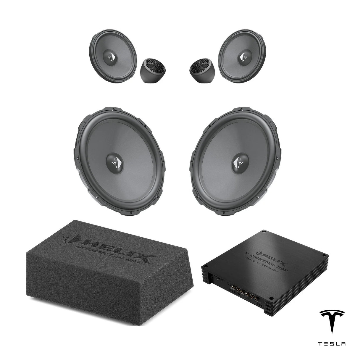 HELIX Ci3 front speakers, loaded subwoofer and V EIGHTEEN DSP for Tesla Model Y Juniper Premium Audio