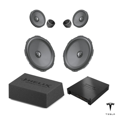 HELIX Ci3 front speakers, loaded subwoofer and V EIGHTEEN DSP for Tesla Model Y Juniper Premium Audio