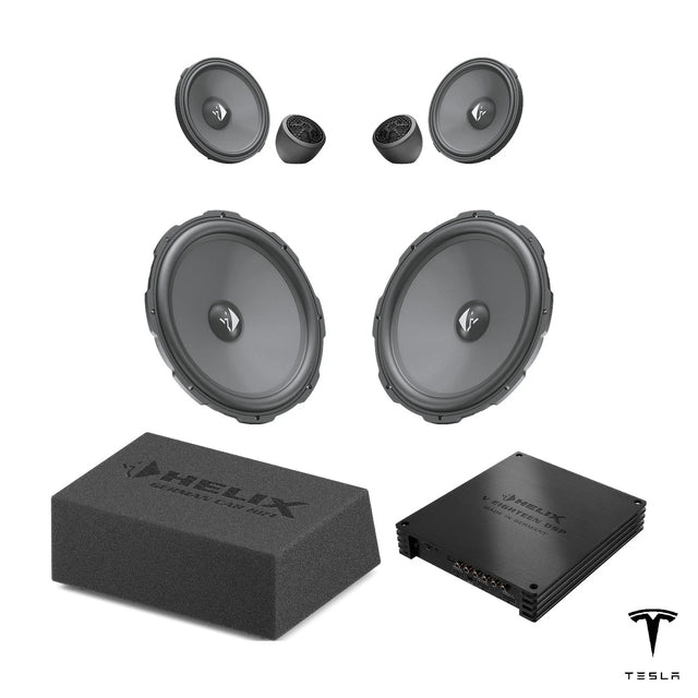HELIX Ci3 front speakers, loaded subwoofer and V EIGHTEEN DSP for Tesla Model Y Juniper Premium Audio