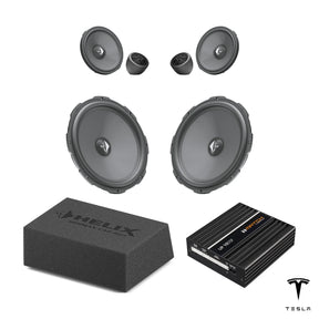 HELIX Ci3 front speakers, loaded subwoofer and MATCH UP 10DSP for Tesla Model Y Juniper with AMD Ryzen