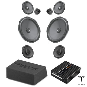 HELIX Ci3 speakers, loaded subwoofer and MATCH UP 10DSP for Tesla Model Y Juniper with AMD Ryzen