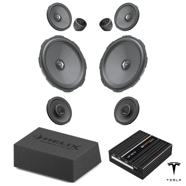 HELIX Ci3 speakers, loaded subwoofer and MATCH UP 10DSP for Tesla Model Y Juniper with AMD Ryzen