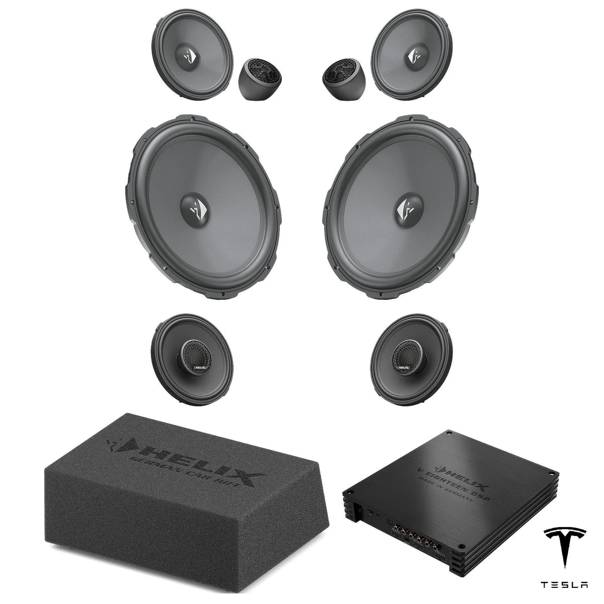 HELIX Ci3 speakers, loaded subwoofer and V EIGHTEEN DSP for Tesla Model Y Juniper Premium Audio with AMD Ryzen