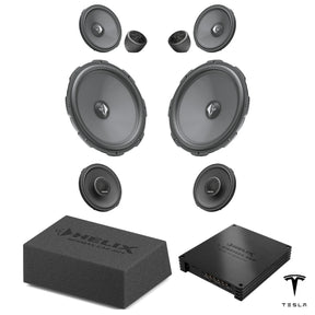 HELIX Ci3 speakers, loaded subwoofer and V EIGHTEEN DSP for Tesla Model Y Juniper Premium Audio with AMD Ryzen