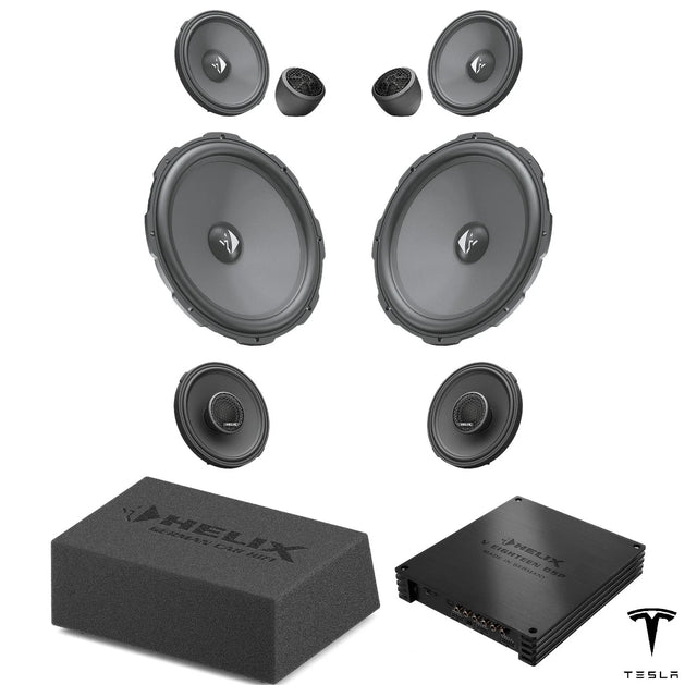 HELIX Ci3 speakers, loaded subwoofer and V EIGHTEEN DSP for Tesla Model Y Juniper Premium Audio with AMD Ryzen