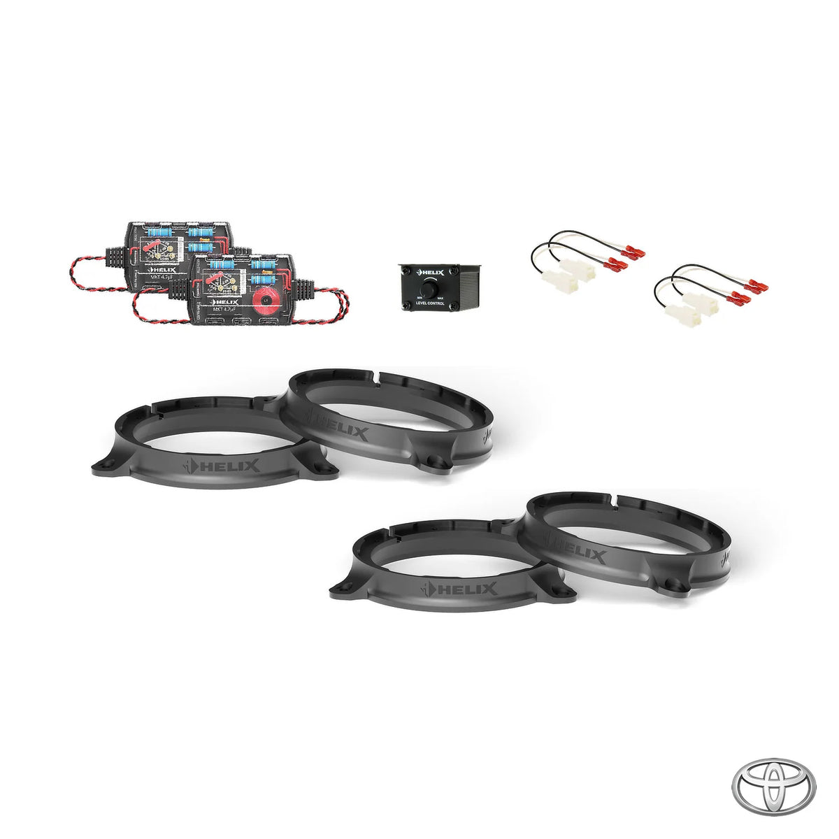 HELIX crossovers, subwoofer level remote, speaker connectors and FlexMount adapters for the Toyota Hilux N80 package