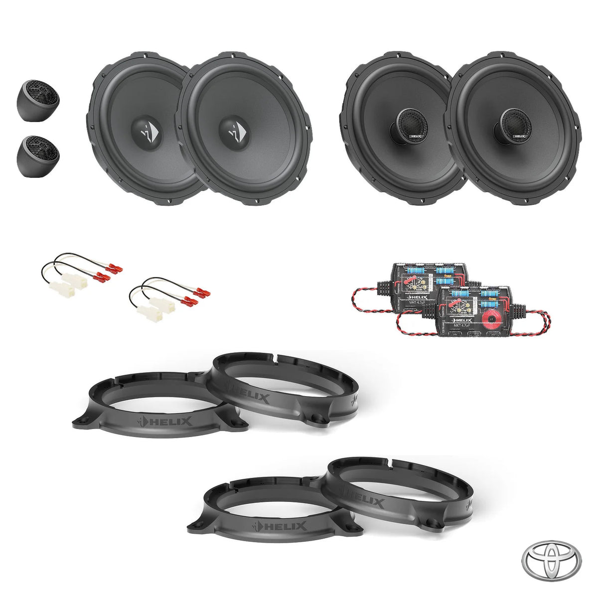 HELIX Ci3 speakers, crossovers and FlexMount adapters shown for the Toyota Hilux N80 speaker upgrade package