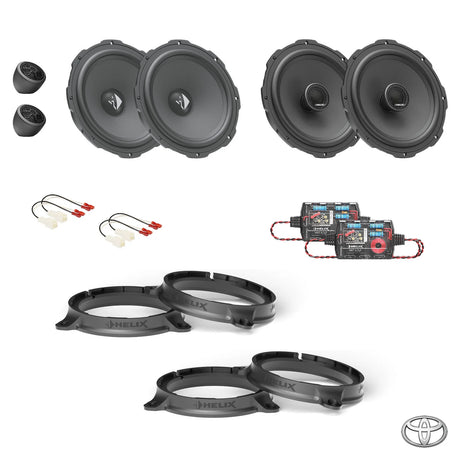 HELIX Ci3 speakers, crossovers and FlexMount adapters shown for the Toyota Hilux N80 speaker upgrade package