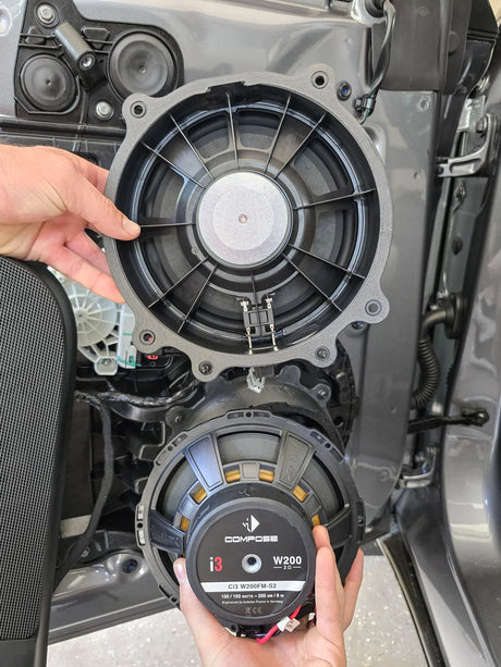 HELIX Ci3 W200FM-S2 door woofer compared with the factory Tesla Model Y woofer during the RWD upgrade