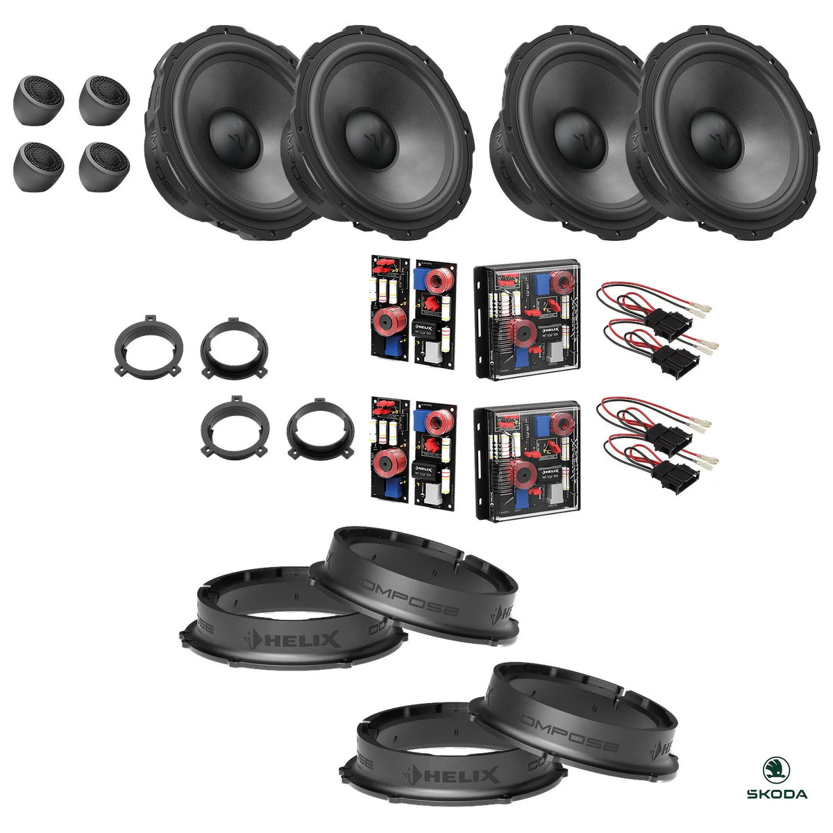 HELIX Ci7 speakers, crossovers and FlexMount adapters for the Skoda Kodiaq 2024-on upgrade package