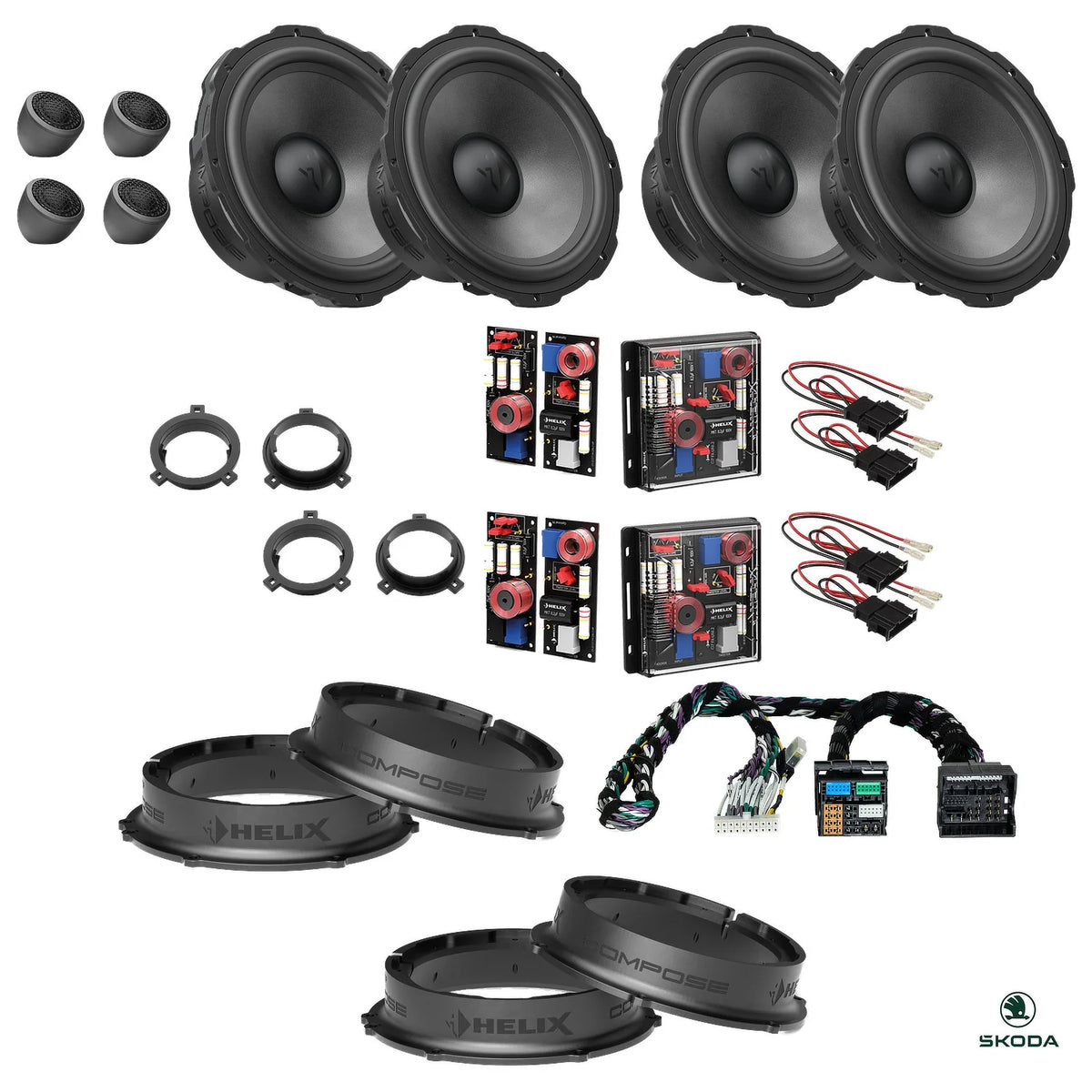 HELIX Ci7 speakers, crossovers, FlexMount adapters and radio-specific T-harness for the Skoda Kodiaq 2024-on package