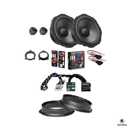 DSP amplifier, T-harness, HELIX crossovers and FlexMount adapters for the Skoda Kodiaq 2024-on package