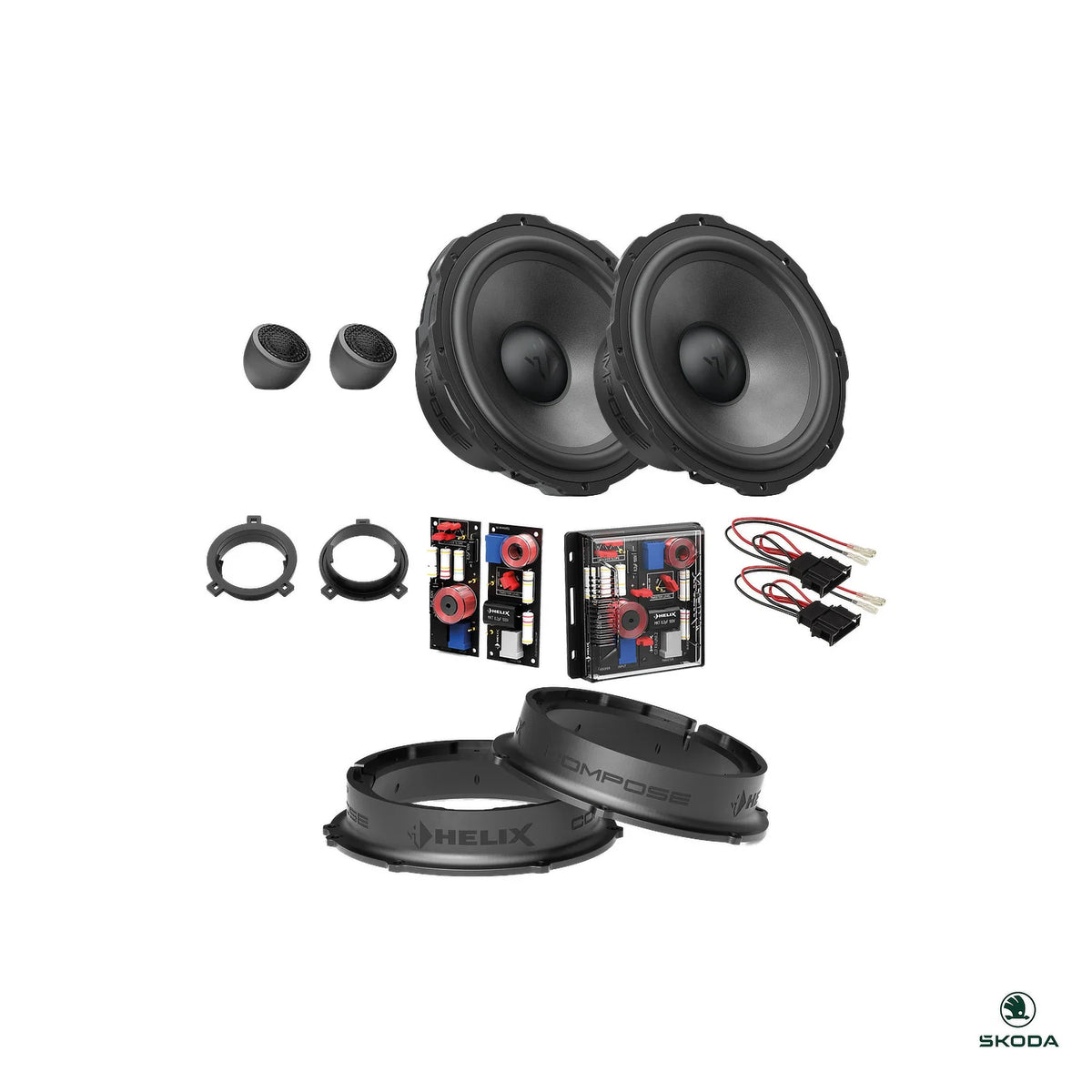 HELIX Ci7 front speakers, crossovers and FlexMount adapters for the Skoda Kodiaq 2024-on upgrade package