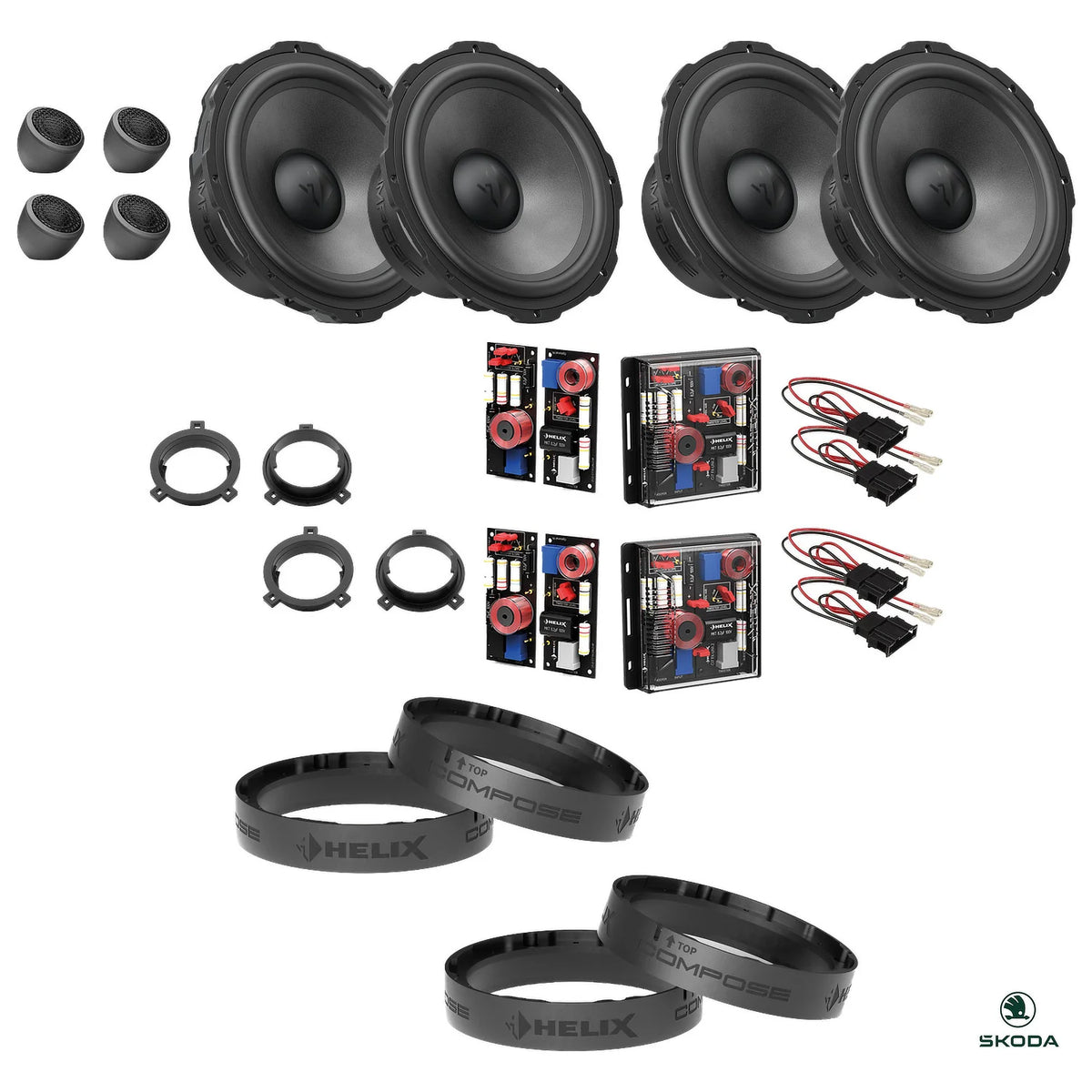 HELIX Ci7 speakers, crossovers and FlexMount adapters for the Skoda Octavia IV speaker upgrade package