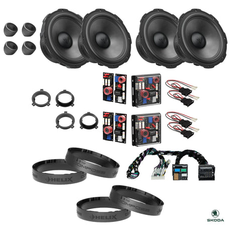 DSP amplifier, radio-specific T-harness, HELIX crossovers and FlexMount adapters for the Skoda Octavia IV package
