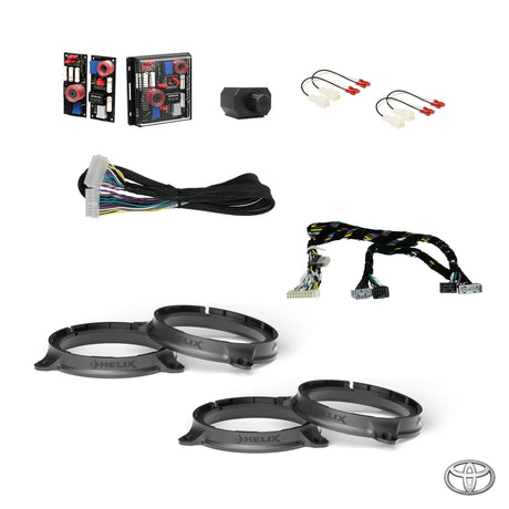 HELIX crossovers, subwoofer remote, wiring harness and FlexMount adapters for the Toyota Hilux N80 DSP package