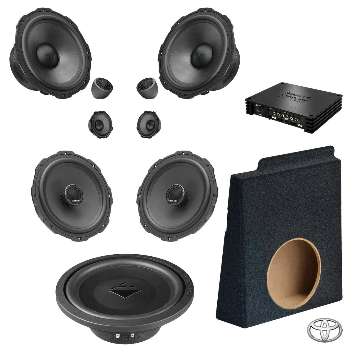 HELIX Ci7 three-way front and rear speakers, subwoofer and DSP amplifier for Toyota Hilux N80 with S/PDIF integration